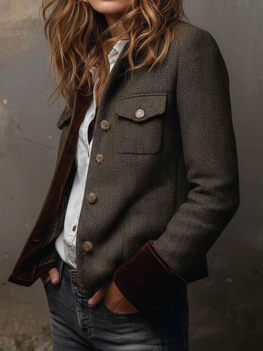 Kvinna Höst Blazer Herringbone Tweed Med Sammetskrage Och Metallknappar