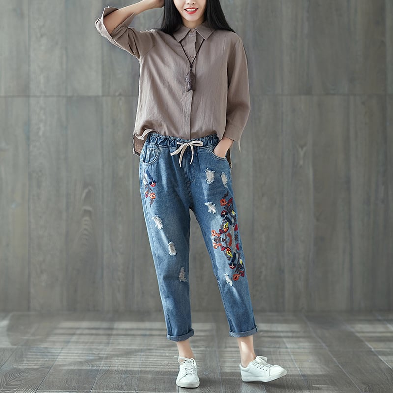 Broderade, Slitsade, Korta Jeans | Perfekt För Hösten