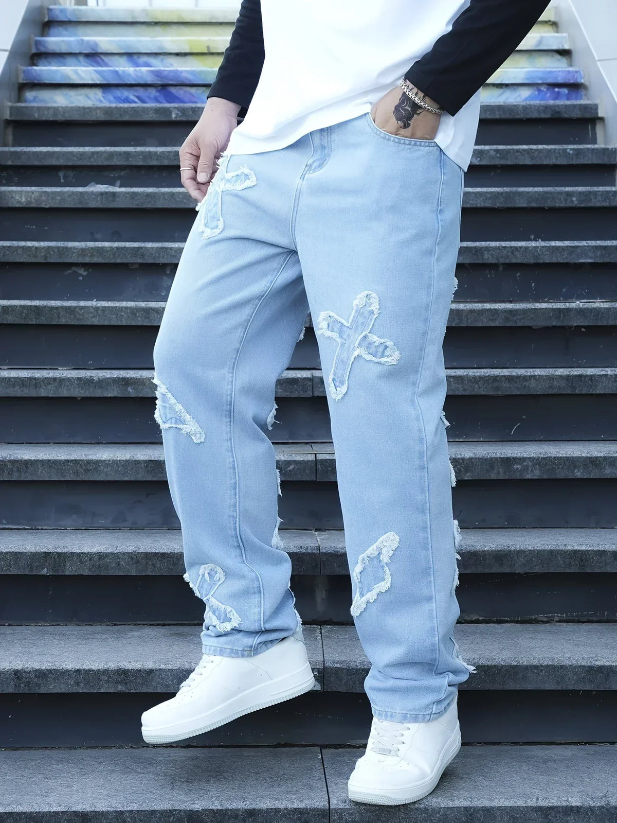 Herrjeans Broderade Lösa Passform Raka Ben