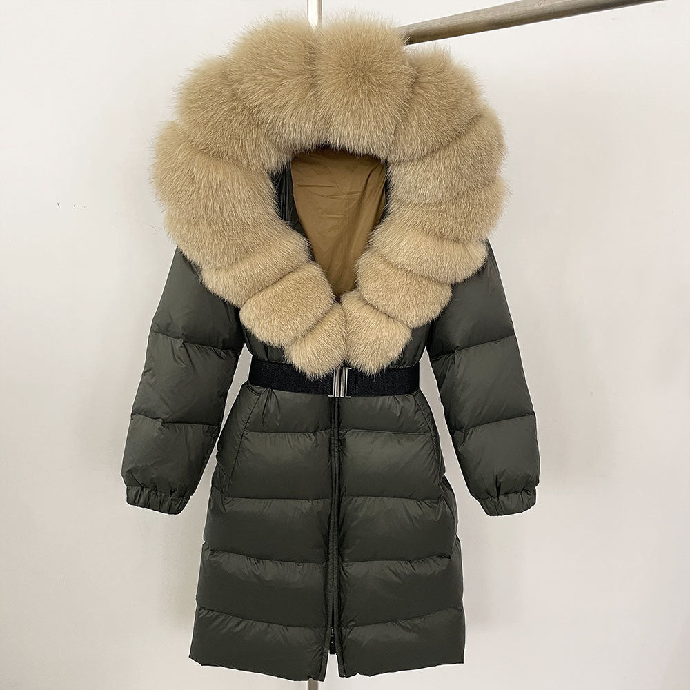 Dam Vinterkappa Lång Hoodie med Avtagbar Pälskrage