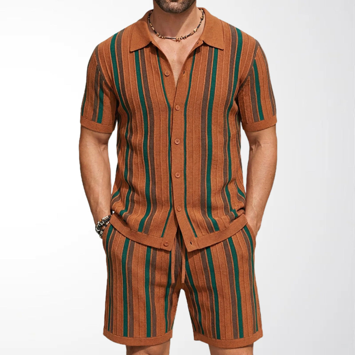 Herr Kortärmad Stickad Polo Och Shorts Tvådelat Set