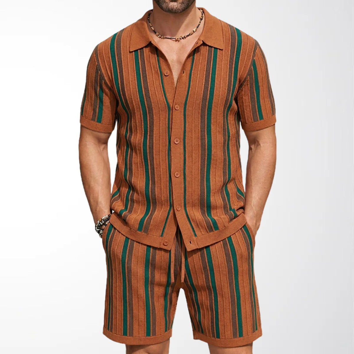 Herr Kortärmad Stickad Polo Och Shorts Tvådelat Set