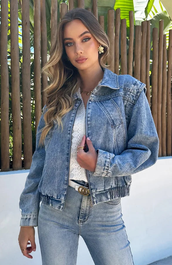 Dam Höst Denimjacka Med Blixtlås Och Sidfickor