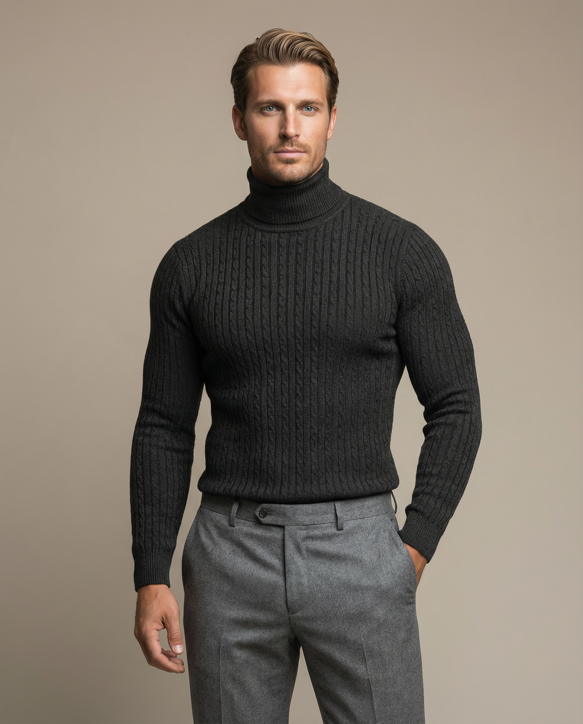 Herr Turtleneck-Tröja för Vintern med Ribbad Krage och Skräddarsydd Passform