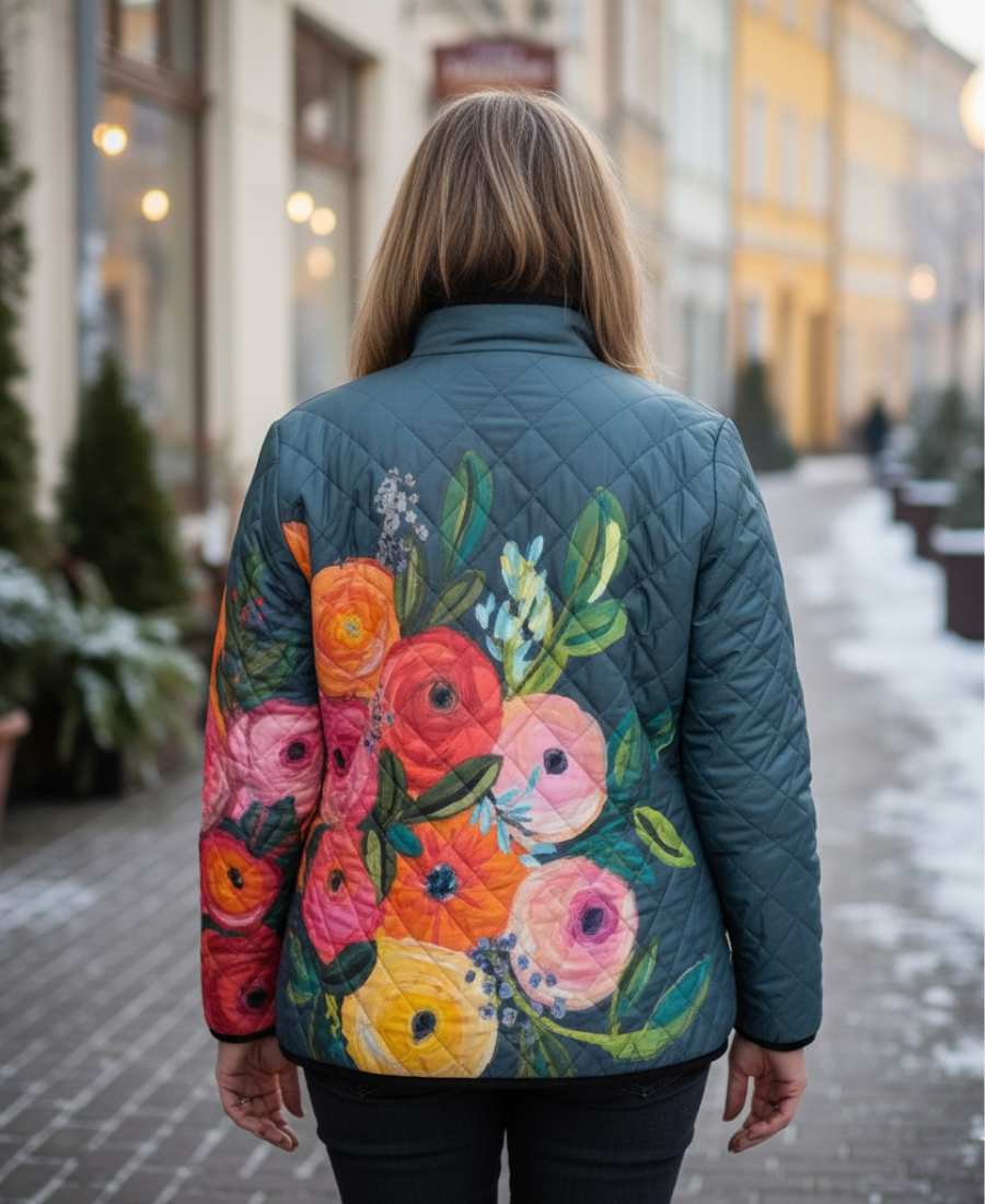 Kvinna Vinter Quiltad Jacka Med Vintage Blommönster