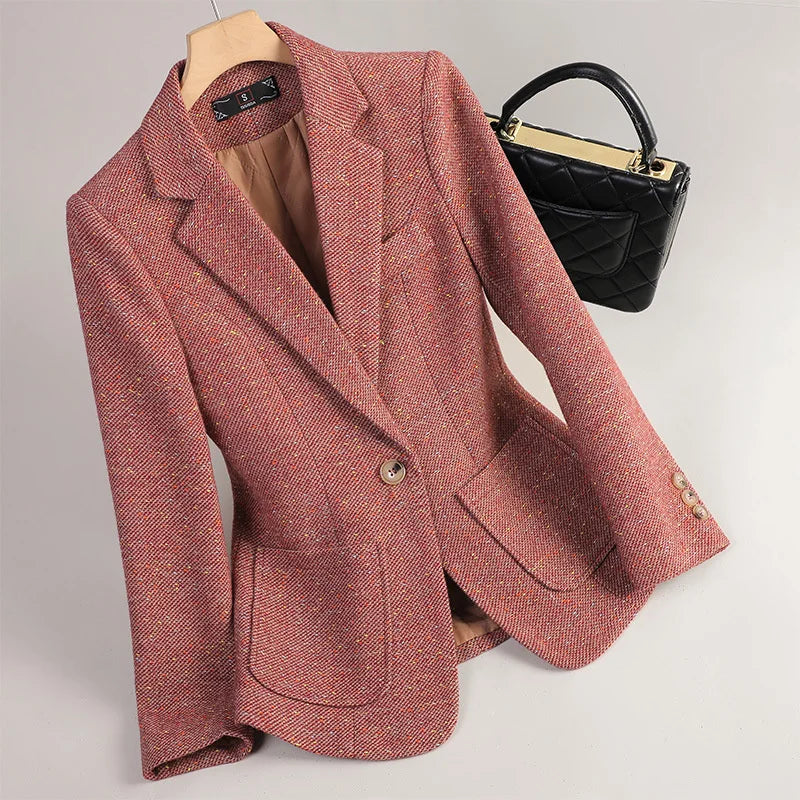 Kvinna Höst Blazer Med Fiskbensväv Och Fickor Med Lock