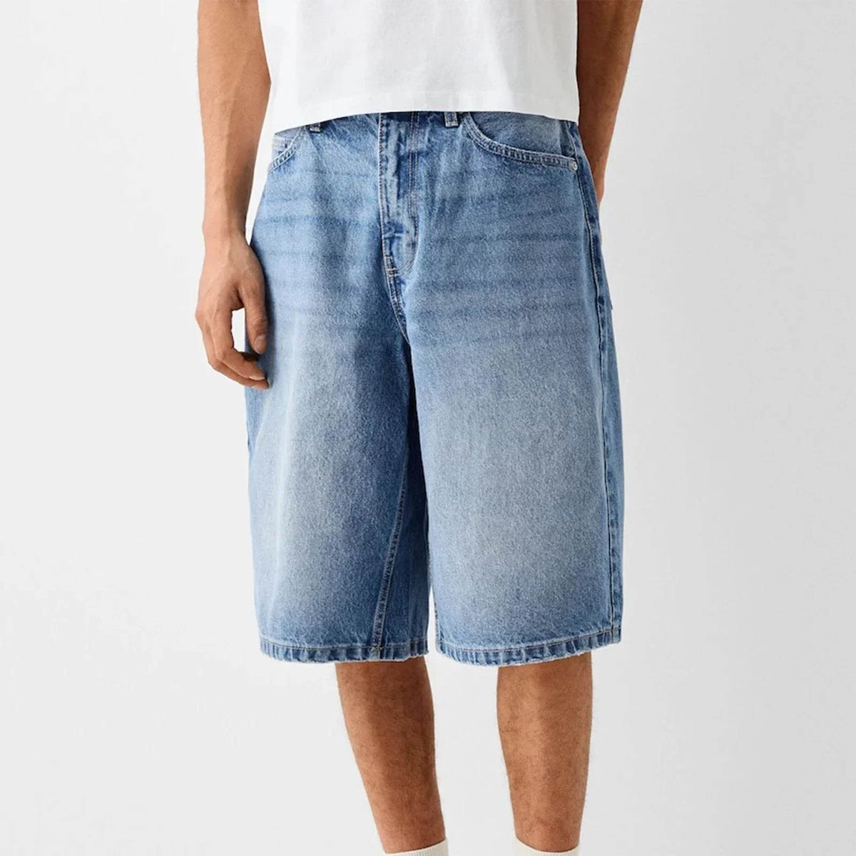 Herrshorts i Denimstil, Baggy Passform Nedanför Knät med Vintage Tvätt