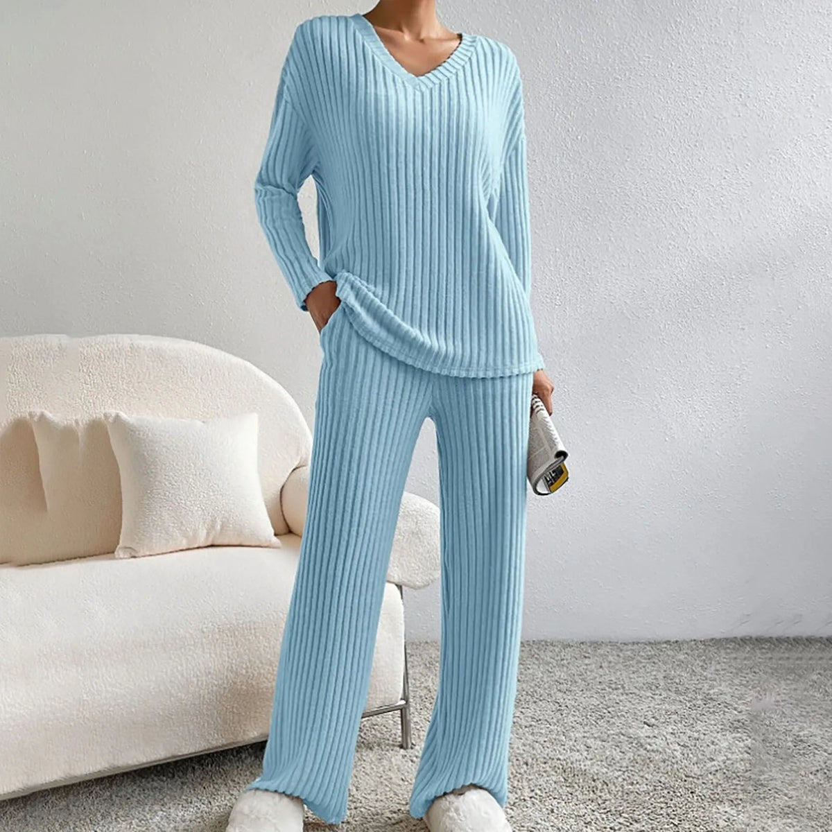 Dam Stickat Tvådelat Set Loungewear Med Elastisk Midja