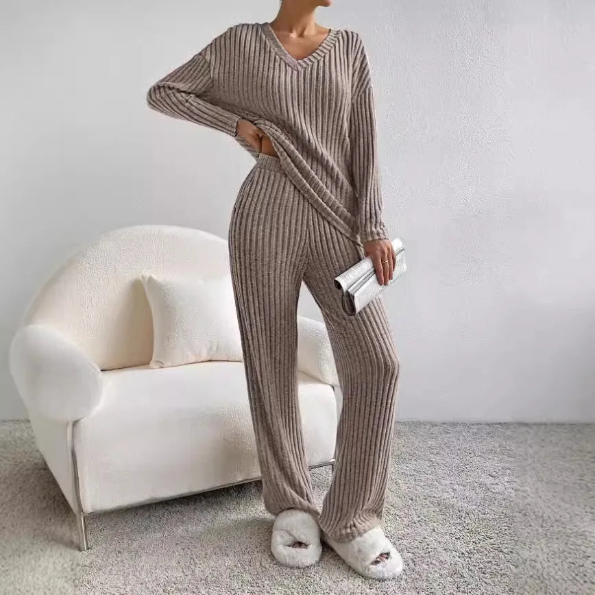 Dam Stickat Tvådelat Set Loungewear Med Elastisk Midja