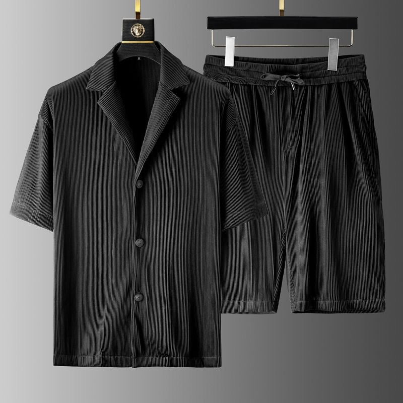 Herr Sommarset med Skjorta och Shorts – Kortärmad Skjorta med Knäppning och Lösa Shorts