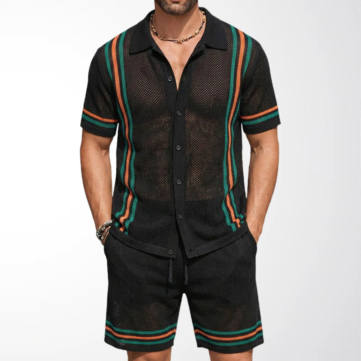 Herr Ihålig Stickad Polo Och Shorts Tvådelat Set