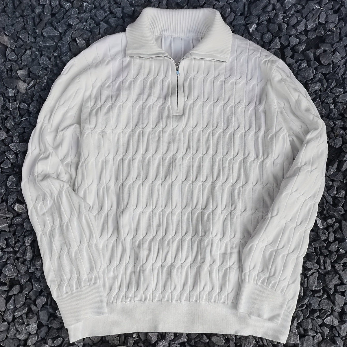 Herr Stickad Pullover med Rund Hals och Halv Dragkedja