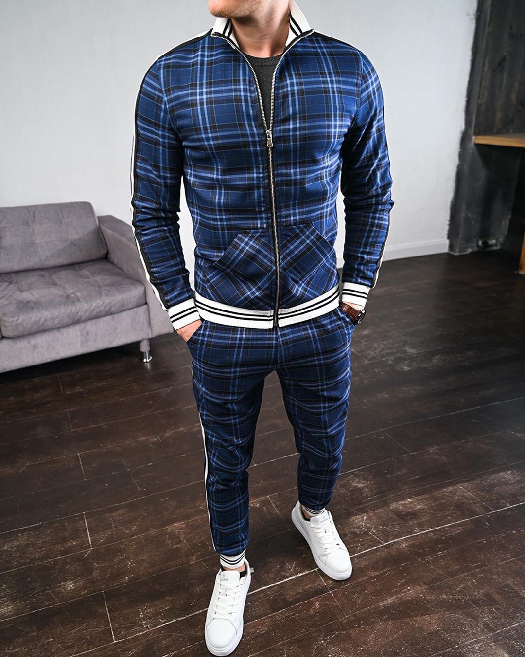 Herr Sportset Plusstorlek Tvådelad Med Krage Långärmad Topp