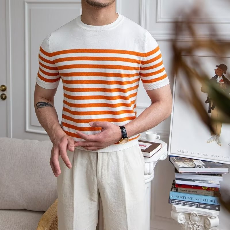 Herr Kort Ärm T-Shirt Randig Pullover Halv Ärm Design
