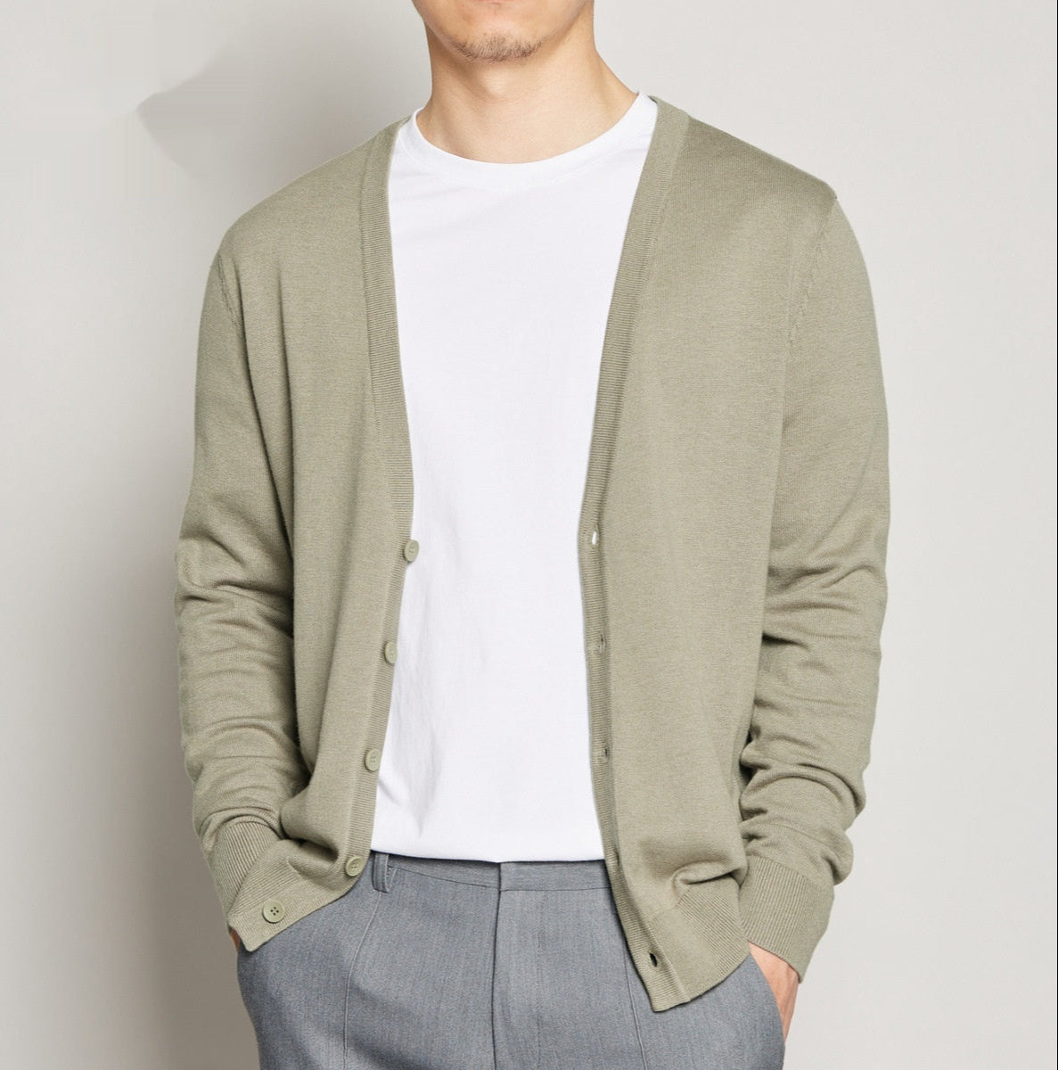 Herrcardigan V-ringad Solid Färg Långärmad