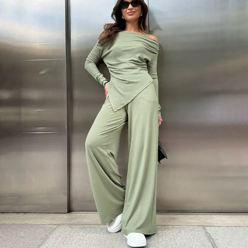 Kvinnors Tvådelade Set Off-Neck Lång Ärm Oregelbunden Fåll Slim-Fit Topp med Hög Midja Byxor