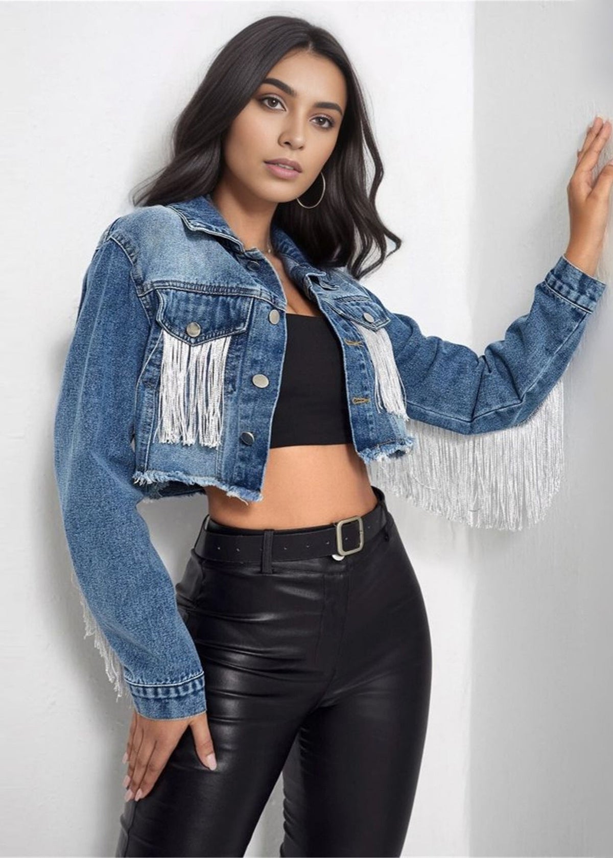 Dam Vår Jeansjacka Kort Modell Med Tofsömmar Och Slitna Detaljer