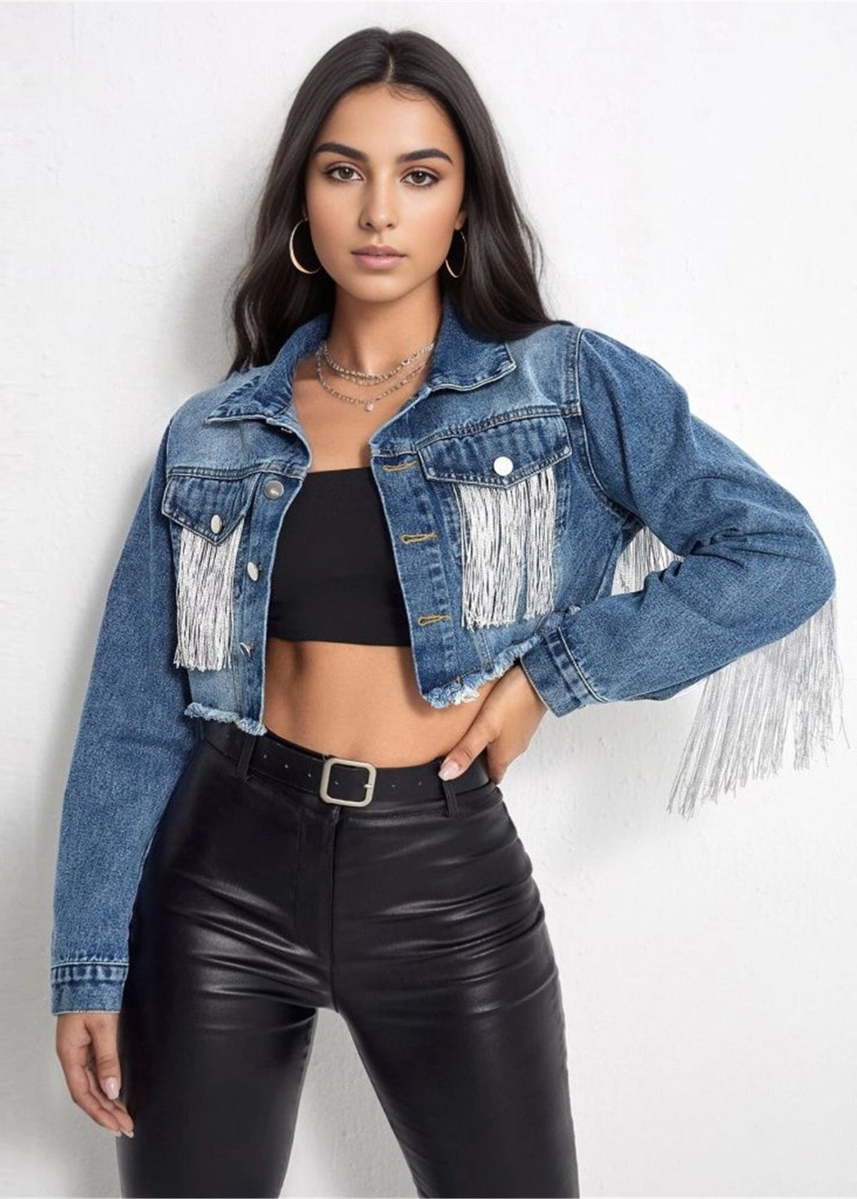Dam Vår Jeansjacka Kort Modell Med Tofsömmar Och Slitna Detaljer