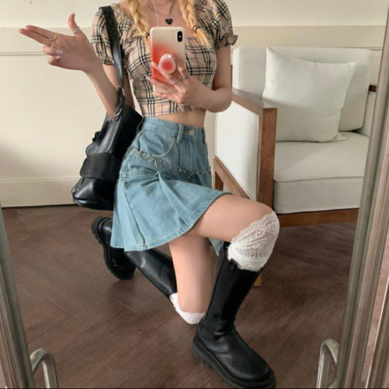 Vårminikjol Med Hög Midja Och Veckad Design I Denimblandning