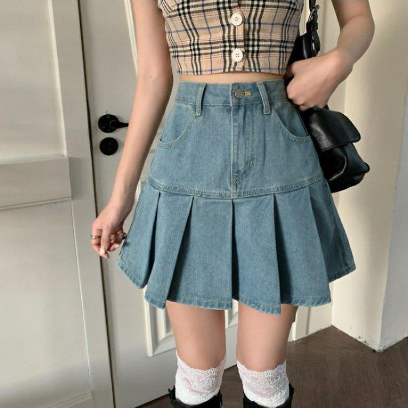 Vårminikjol Med Hög Midja Och Veckad Design I Denimblandning