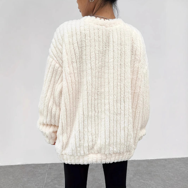 Damtröja För Hösten Flanell Pull-Over Med Långa äRmar Och Pälskant Vit